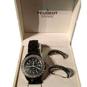 Watch Peugeot Swiss Womens Black Ceramic Interchangeable Bezels & Box New